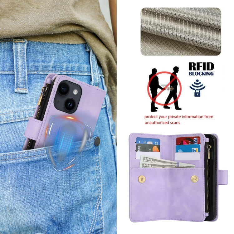 For iPhone 14 Dream 9-Card Zipper Wallet RFID Leather Phone Case with Lanyard(Purple) - iPhone 14 Cases by buy2fix | Online Shopping UK | buy2fix