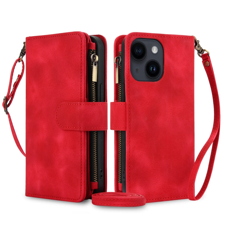 For iPhone 14 Plus Dream 9-Card Zipper Wallet RFID Leather Phone Case with Lanyard(Red) - iPhone 14 Plus Cases by buy2fix | Online Shopping UK | buy2fix