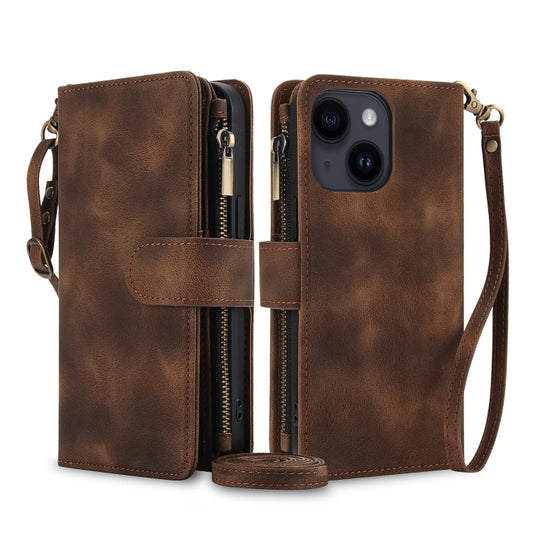 For iPhone 14 Plus Dream 9-Card Zipper Wallet RFID Leather Phone Case with Lanyard(Brown) - iPhone 14 Plus Cases by buy2fix | Online Shopping UK | buy2fix