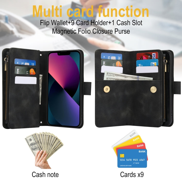 For iPhone 14 Plus Dream 9-Card Zipper Wallet RFID Leather Phone Case with Lanyard(Black) - iPhone 14 Plus Cases by buy2fix | Online Shopping UK | buy2fix