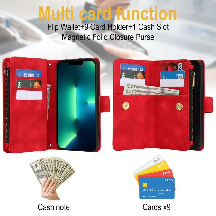 For iPhone 14 Pro Dream 9-Card Zipper Wallet RFID Leather Phone Case with Lanyard(Red) - iPhone 14 Pro Cases by buy2fix | Online Shopping UK | buy2fix