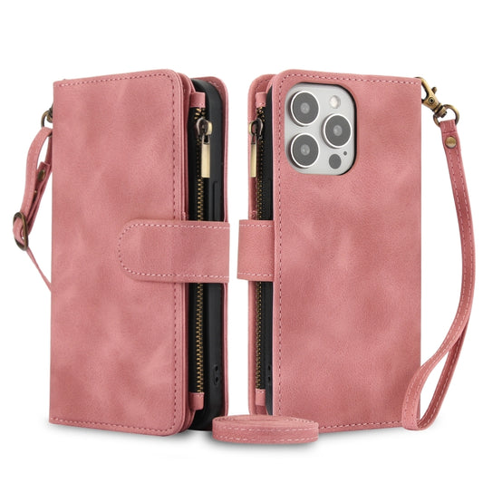 For iPhone 14 Pro Dream 9-Card Zipper Wallet RFID Leather Phone Case with Lanyard(Rose Gold) - iPhone 14 Pro Cases by buy2fix | Online Shopping UK | buy2fix