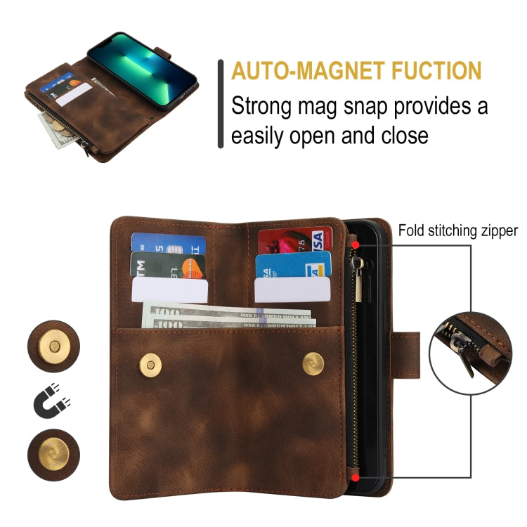 For iPhone 14 Pro Dream 9-Card Zipper Wallet RFID Leather Phone Case with Lanyard(Brown) - iPhone 14 Pro Cases by buy2fix | Online Shopping UK | buy2fix