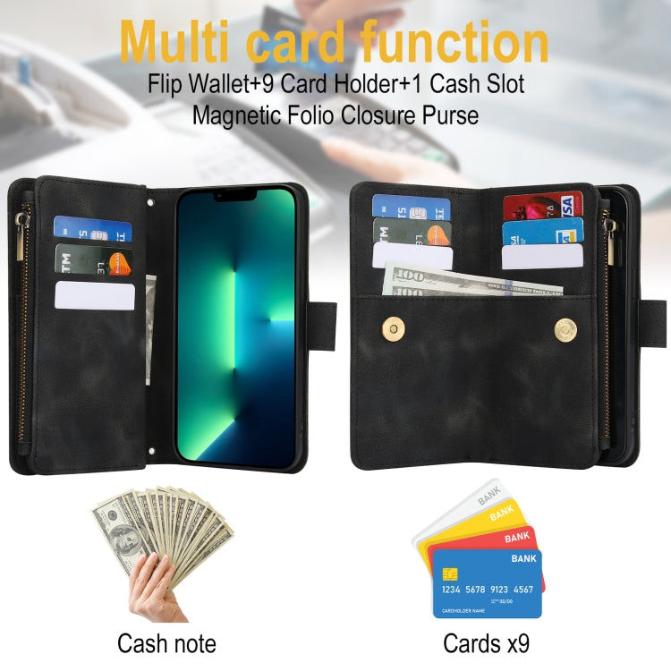 For iPhone 14 Pro Dream 9-Card Zipper Wallet RFID Leather Phone Case with Lanyard(Black) - iPhone 14 Pro Cases by buy2fix | Online Shopping UK | buy2fix