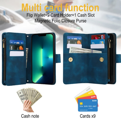 For iPhone 14 Pro Max Dream 9-Card Zipper Wallet RFID Leather Phone Case with Lanyard(Blue) - iPhone 14 Pro Max Cases by buy2fix | Online Shopping UK | buy2fix