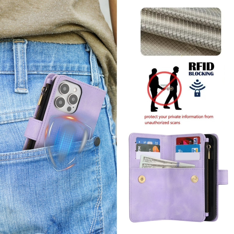 For iPhone 14 Pro Max Dream 9-Card Zipper Wallet RFID Leather Phone Case with Lanyard(Purple) - iPhone 14 Pro Max Cases by buy2fix | Online Shopping UK | buy2fix