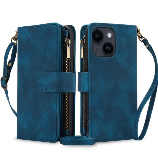 For iPhone 15 Dream 9-Card Zipper Wallet RFID Leather Phone Case with Lanyard(Blue) - iPhone 15 Cases by buy2fix | Online Shopping UK | buy2fix