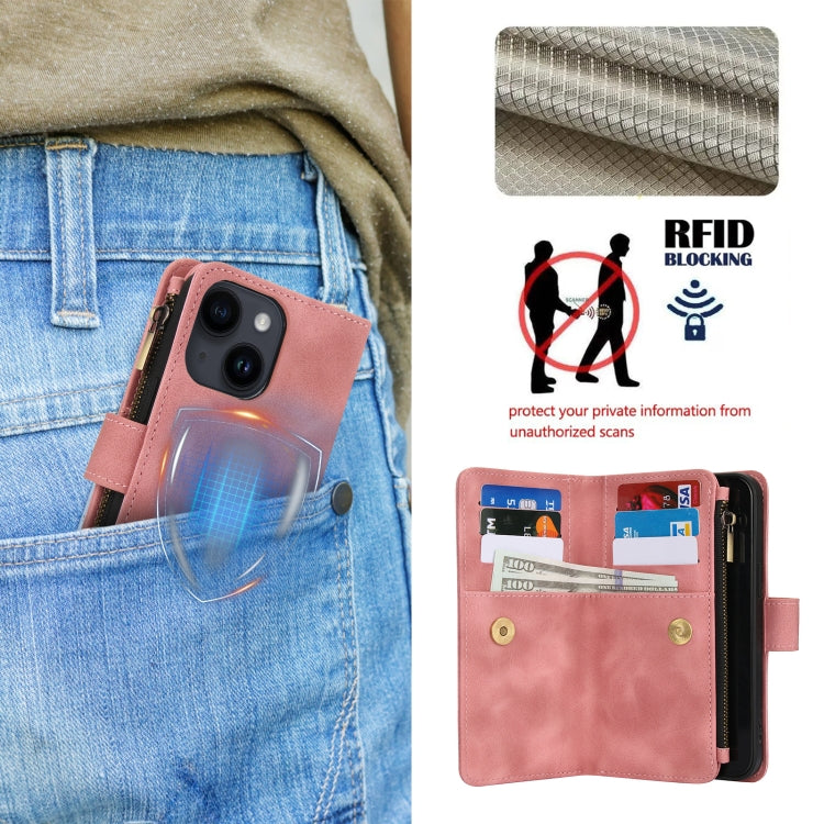 For iPhone 15 Dream 9-Card Zipper Wallet RFID Leather Phone Case with Lanyard(Rose Gold) - iPhone 15 Cases by buy2fix | Online Shopping UK | buy2fix