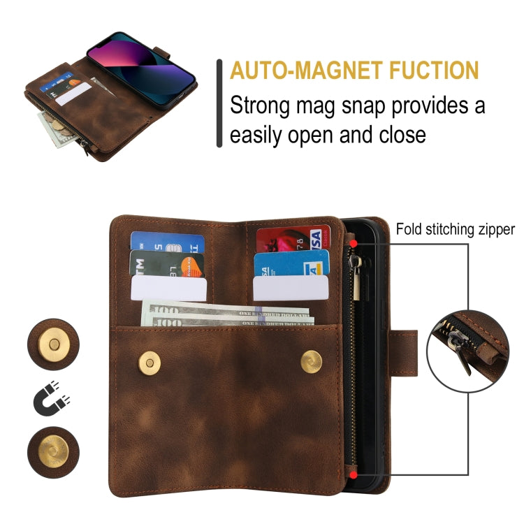 For iPhone 15 Dream 9-Card Zipper Wallet RFID Leather Phone Case with Lanyard(Brown) - iPhone 15 Cases by buy2fix | Online Shopping UK | buy2fix