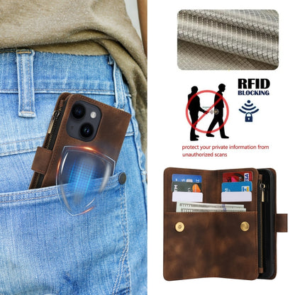 For iPhone 15 Dream 9-Card Zipper Wallet RFID Leather Phone Case with Lanyard(Brown) - iPhone 15 Cases by buy2fix | Online Shopping UK | buy2fix
