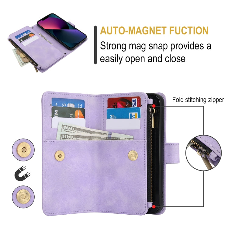 For iPhone 15 Plus Dream 9-Card Zipper Wallet RFID Leather Phone Case with Lanyard(Purple) - iPhone 15 Plus Cases by buy2fix | Online Shopping UK | buy2fix