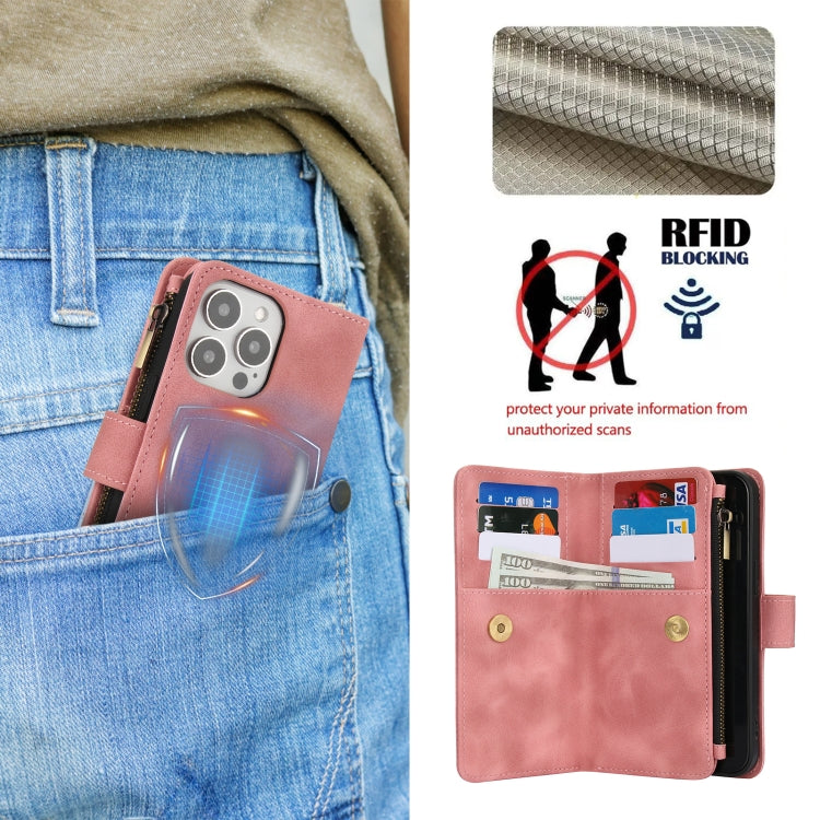 For iPhone 15 Pro Dream 9-Card Zipper Wallet RFID Leather Phone Case with Lanyard(Rose Gold) - iPhone 15 Pro Cases by buy2fix | Online Shopping UK | buy2fix