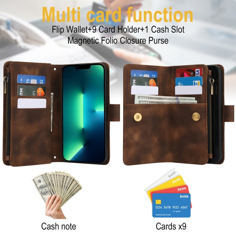 For iPhone 15 Pro Dream 9-Card Zipper Wallet RFID Leather Phone Case with Lanyard(Brown) - iPhone 15 Pro Cases by buy2fix | Online Shopping UK | buy2fix
