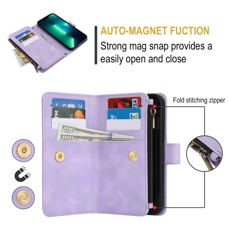 For iPhone 15 Pro Dream 9-Card Zipper Wallet RFID Leather Phone Case with Lanyard(Purple) - iPhone 15 Pro Cases by buy2fix | Online Shopping UK | buy2fix
