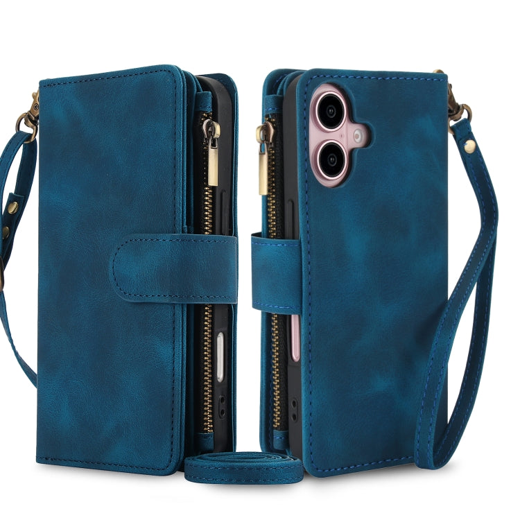 For iPhone 16 Dream 9-Card Zipper Wallet RFID Leather Phone Case with Lanyard(Blue) by buy2fix