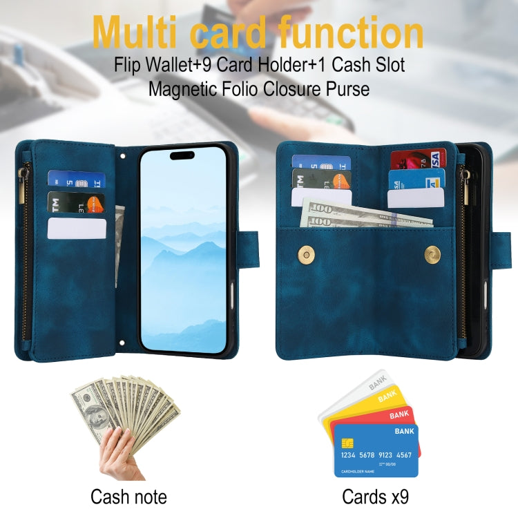 For iPhone 16 Dream 9-Card Zipper Wallet RFID Leather Phone Case with Lanyard(Blue) by buy2fix