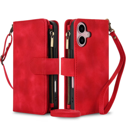 For iPhone 16 Dream 9-Card Zipper Wallet RFID Leather Phone Case with Lanyard(Red) by buy2fix