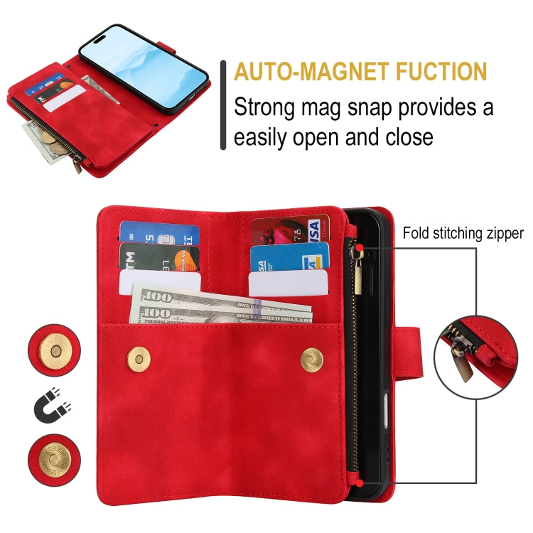 For iPhone 16 Dream 9-Card Zipper Wallet RFID Leather Phone Case with Lanyard(Red) by buy2fix