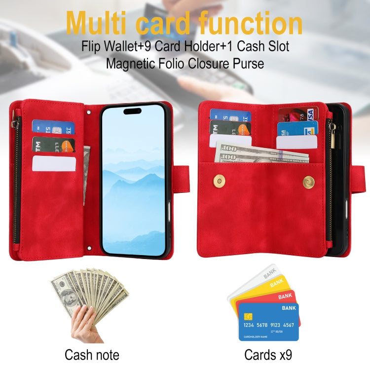 For iPhone 16 Dream 9-Card Zipper Wallet RFID Leather Phone Case with Lanyard(Red) by buy2fix