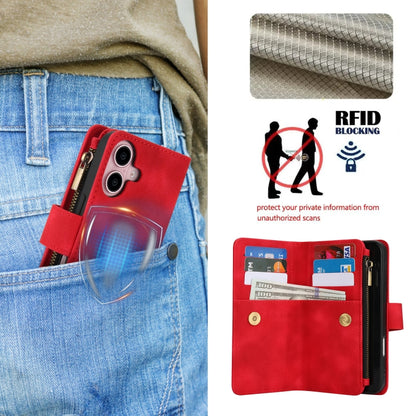 For iPhone 16 Dream 9-Card Zipper Wallet RFID Leather Phone Case with Lanyard(Red) by buy2fix