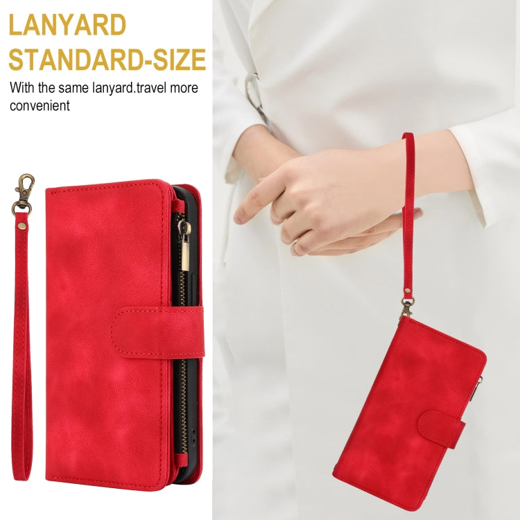 For iPhone 16 Dream 9-Card Zipper Wallet RFID Leather Phone Case with Lanyard(Red) by buy2fix