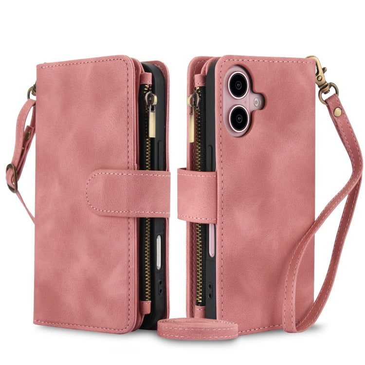 For iPhone 16 Dream 9-Card Zipper Wallet RFID Leather Phone Case with Lanyard(Rose Gold) - iPhone 16 Cases by buy2fix | Online Shopping UK | buy2fix