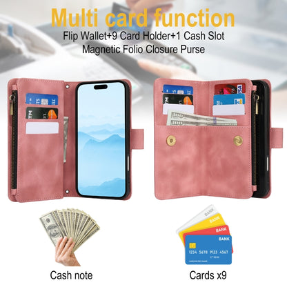 For iPhone 16 Dream 9-Card Zipper Wallet RFID Leather Phone Case with Lanyard(Rose Gold) - iPhone 16 Cases by buy2fix | Online Shopping UK | buy2fix