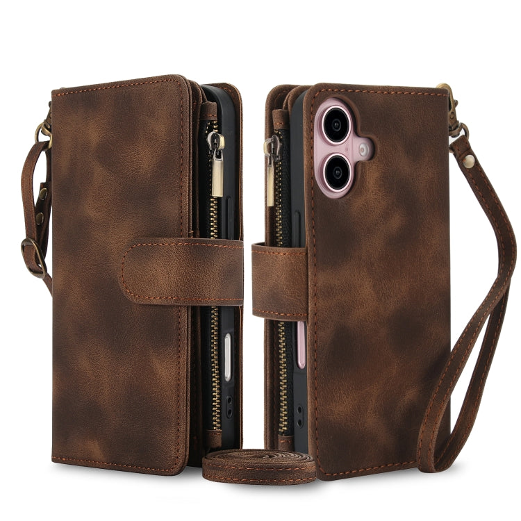 For iPhone 16 Dream 9-Card Zipper Wallet RFID Leather Phone Case with Lanyard(Brown) by buy2fix