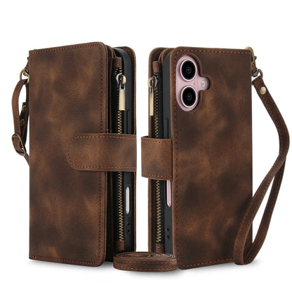 For iPhone 16 Dream 9-Card Zipper Wallet RFID Leather Phone Case with Lanyard(Brown) by buy2fix