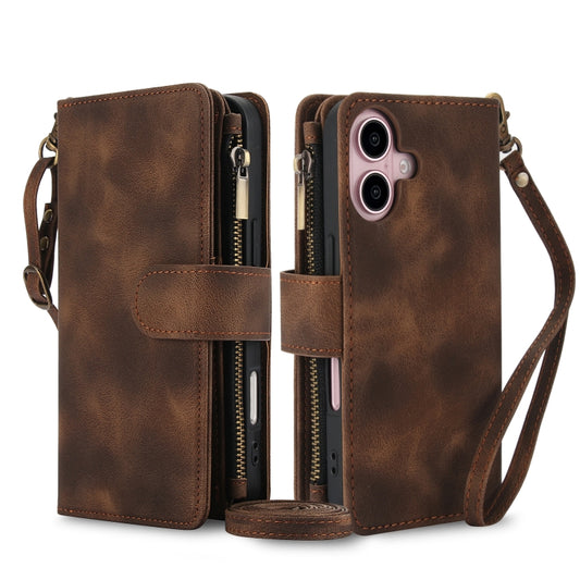 For iPhone 16 Dream 9-Card Zipper Wallet RFID Leather Phone Case with Lanyard(Brown) by buy2fix