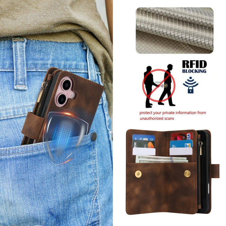 For iPhone 16 Dream 9-Card Zipper Wallet RFID Leather Phone Case with Lanyard(Brown) by buy2fix