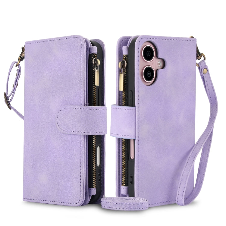 For iPhone 16 Dream 9-Card Zipper Wallet RFID Leather Phone Case with Lanyard(Purple) by buy2fix