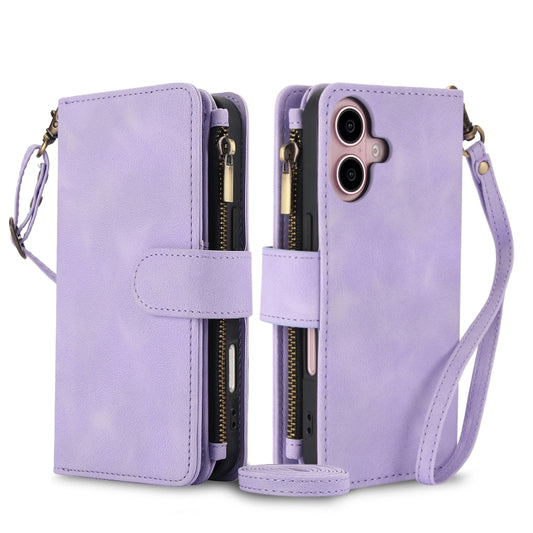 For iPhone 16 Dream 9-Card Zipper Wallet RFID Leather Phone Case with Lanyard(Purple) by buy2fix