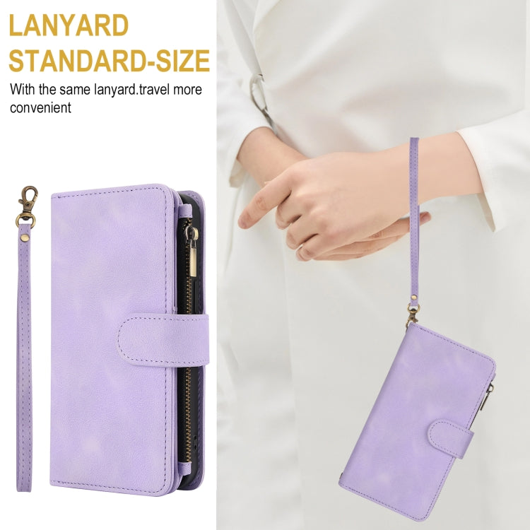 For iPhone 16 Dream 9-Card Zipper Wallet RFID Leather Phone Case with Lanyard(Purple) by buy2fix