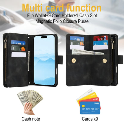 For iPhone 16 Dream 9-Card Zipper Wallet RFID Leather Phone Case with Lanyard(Black) by buy2fix