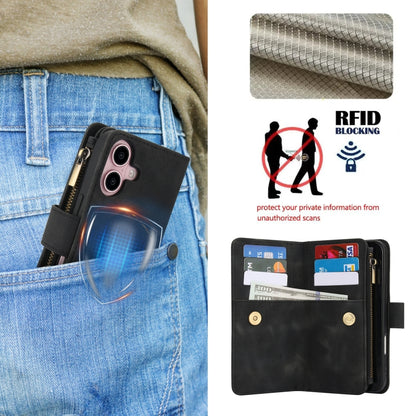 For iPhone 16 Dream 9-Card Zipper Wallet RFID Leather Phone Case with Lanyard(Black) by buy2fix