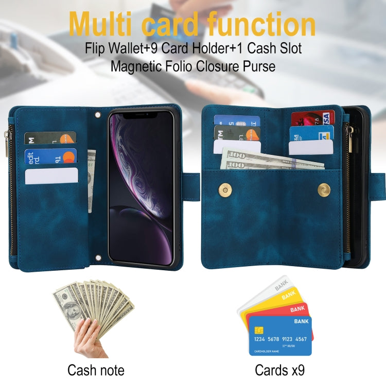 For iPhone XR Dream 9-Card Zipper Wallet RFID Leather Phone Case with Lanyard(Blue) - More iPhone Cases by buy2fix | Online Shopping UK | buy2fix