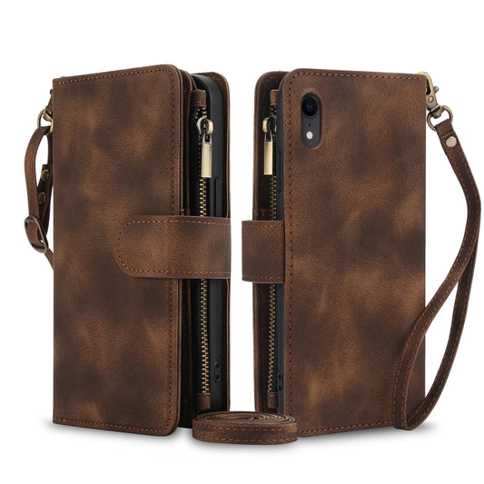 For iPhone XR Dream 9-Card Zipper Wallet RFID Leather Phone Case with Lanyard(Brown) - More iPhone Cases by buy2fix | Online Shopping UK | buy2fix