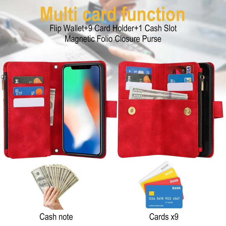 For iPhone XS / X Dream 9-Card Zipper Wallet RFID Leather Phone Case with Lanyard(Red) - More iPhone Cases by buy2fix | Online Shopping UK | buy2fix