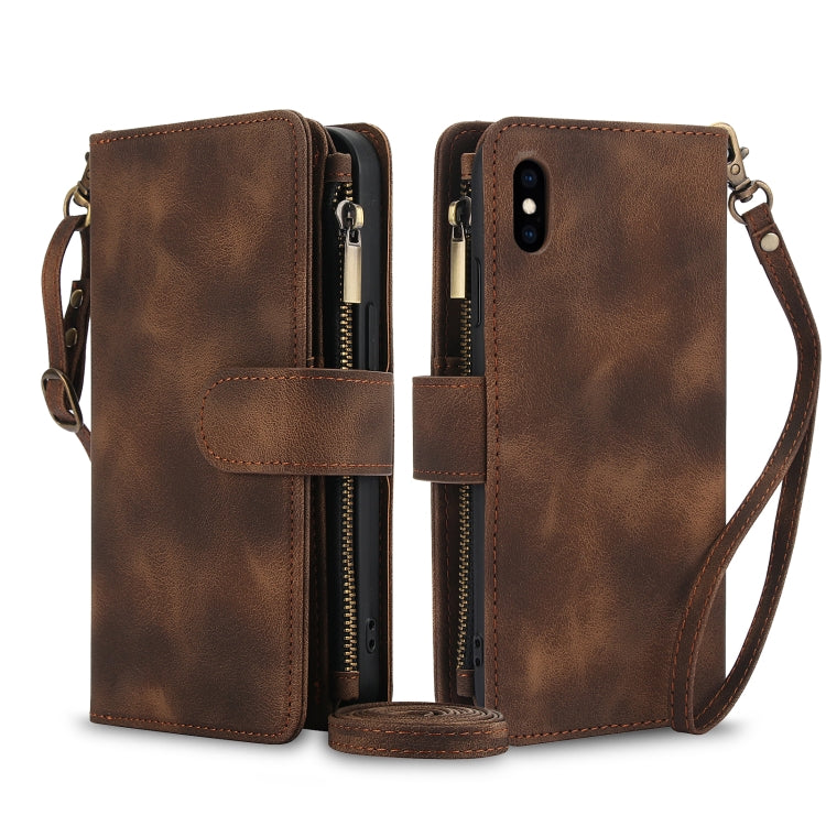 For iPhone XS / X Dream 9-Card Zipper Wallet RFID Leather Phone Case with Lanyard(Brown) - More iPhone Cases by buy2fix | Online Shopping UK | buy2fix