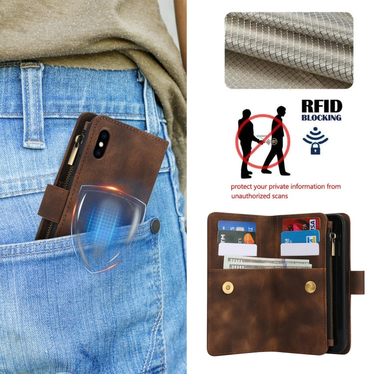 For iPhone XS / X Dream 9-Card Zipper Wallet RFID Leather Phone Case with Lanyard(Brown) - More iPhone Cases by buy2fix | Online Shopping UK | buy2fix