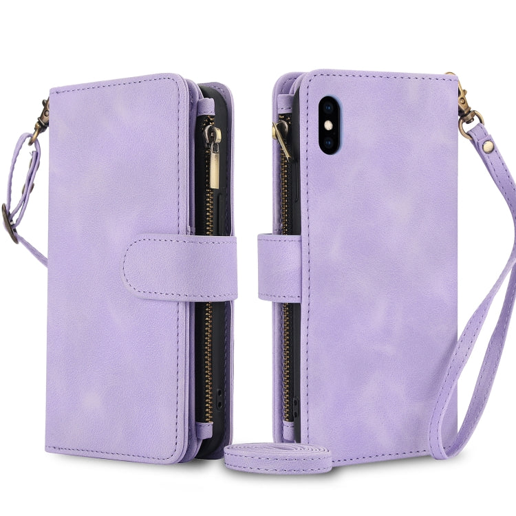 For iPhone XS / X Dream 9-Card Zipper Wallet RFID Leather Phone Case with Lanyard(Purple) - More iPhone Cases by buy2fix | Online Shopping UK | buy2fix
