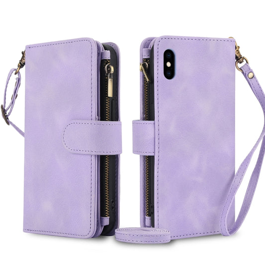 For iPhone XS / X Dream 9-Card Zipper Wallet RFID Leather Phone Case with Lanyard(Purple) - More iPhone Cases by buy2fix | Online Shopping UK | buy2fix