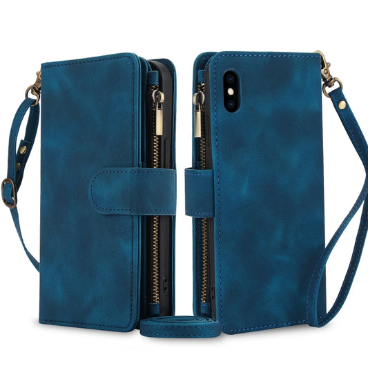 For iPhone XS Max Dream 9-Card Zipper Wallet RFID Leather Phone Case with Lanyard(Blue) - More iPhone Cases by buy2fix | Online Shopping UK | buy2fix