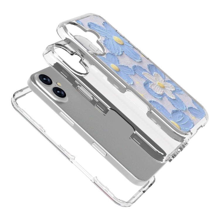 For iPhone 16 Plus Small Fresh Sticker PC + TPU Shockproof Phone Case(Blue Flower) - iPhone 16 Plus Cases by buy2fix | Online Shopping UK | buy2fix