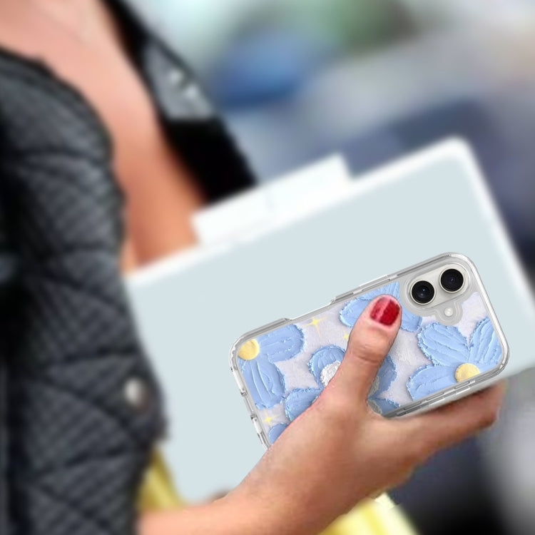 For iPhone 16 Plus Small Fresh Sticker PC + TPU Shockproof Phone Case(Blue Flower) - iPhone 16 Plus Cases by buy2fix | Online Shopping UK | buy2fix