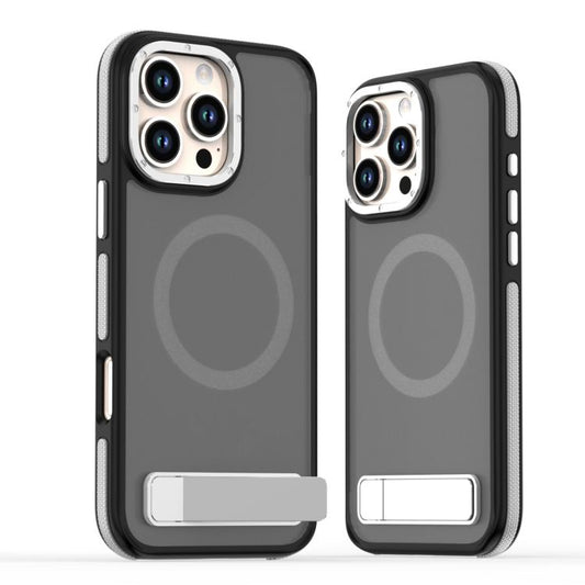 For iPhone 16 Pro Dual-Color Skin Feel Magsafe Phone Case with Holder(Grey) - iPhone 16 Pro Cases by buy2fix | Online Shopping UK | buy2fix
