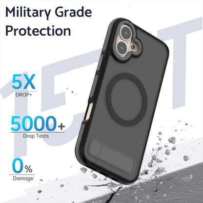 For iPhone 16 Plus Dual-Color Skin Feel Magsafe Phone Case with Holder(Black) - iPhone 16 Plus Cases by buy2fix | Online Shopping UK | buy2fix