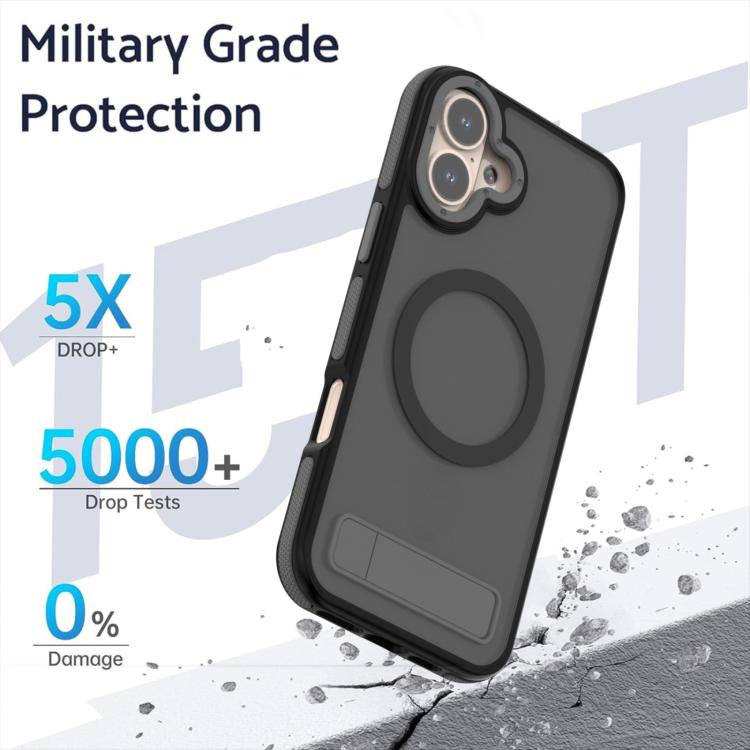 For iPhone 16 Dual-Color Skin Feel Magsafe Phone Case with Holder(Black) - iPhone 16 Cases by buy2fix | Online Shopping UK | buy2fix