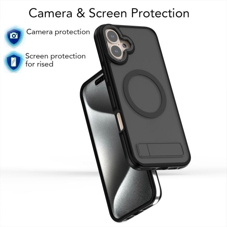For iPhone 16 Dual-Color Skin Feel Magsafe Phone Case with Holder(Black) - iPhone 16 Cases by buy2fix | Online Shopping UK | buy2fix